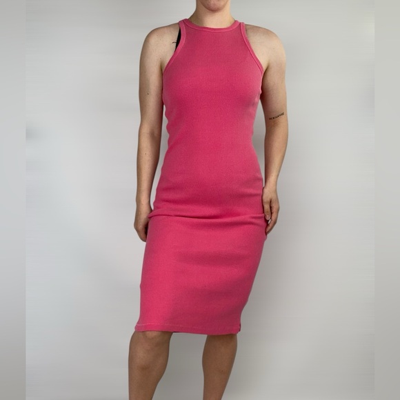 AMO‎ Ribbed Maxi Bodycon Dress Muscle Tank Stretchy Pink MIDI High Neck Size S - Picture 1 of 7
